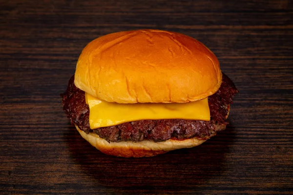 Tasty Hot Burger Wooden Background — Stock Photo, Image