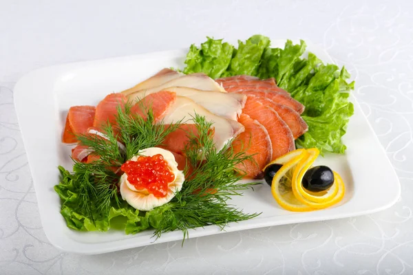 Sliced Fish Assortment Caviar Lemon — Stock Photo, Image