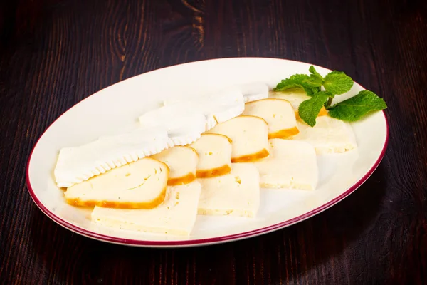 Caucasian Cheese Plate Served Mint — Stock Photo, Image