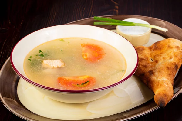 Fish soup with bread and green onion — Stock Image Fish Soup Bread Green Onion Stock Photo