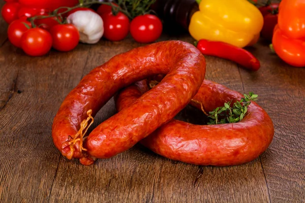 Pork Sausages Wooden Background — Stock Photo, Image