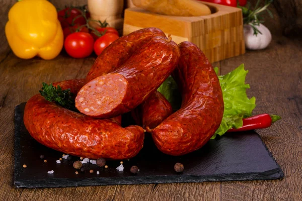 Pork Sausages Wooden Background — Stock Photo, Image