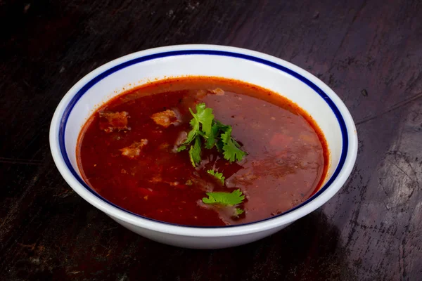 Tomato soup with meat and beans — Stock Image Tomato Soup Meat Beans Stock Photo