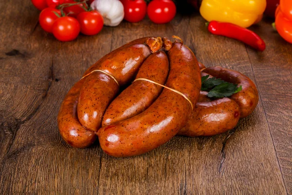 Pork Sausages Wooden Background — Stock Photo, Image