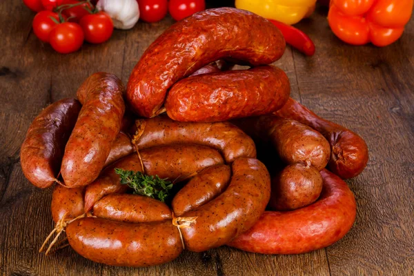 Pork Sausages Wooden Background — Stock Photo, Image