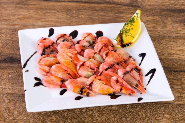 Boiled Shrimps Sauce Lemon — Stock Photo, Image
