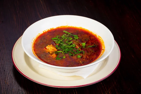 Georgian cuisine Kharcho soup with meat — Stock Image Georgian Cuisine Kharcho Soup Meat Stock Photo