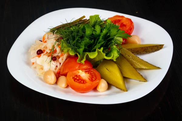 Pickled Vegetables Plate Herbs — Stock Photo, Image