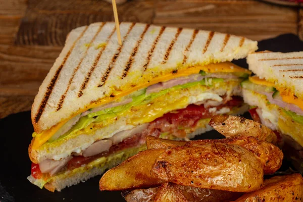 Delicioso Sanduíche Chef Com Batatas Fritas — Fotografia de Stock