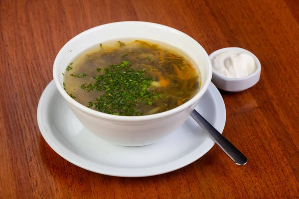 Leckere Sauerampfersuppe Mit Saurer Sahne — Stockfoto