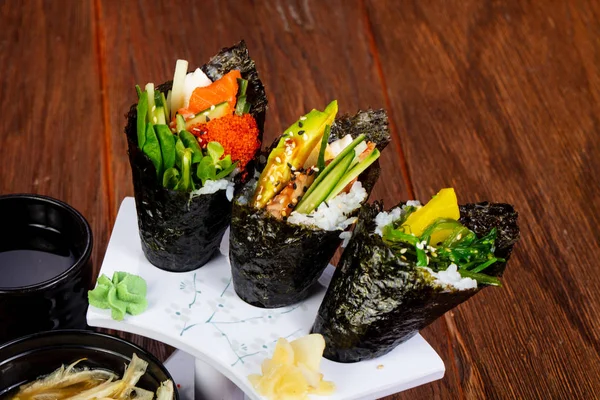 Japanese Temaki set with miso soup and seafood