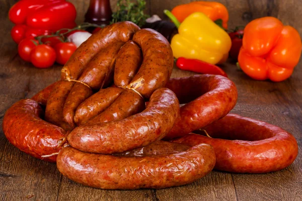 Pork Sausages Wooden Background — Stock Photo, Image