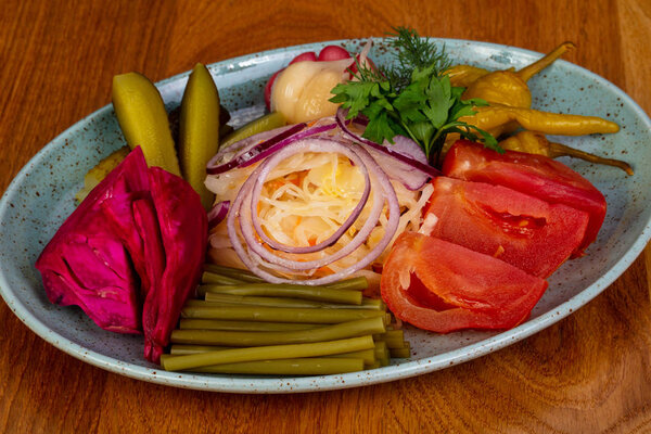 Georgian pickled vegetables with garlic and cabbage