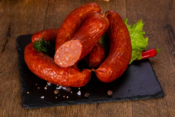 Pork Sausages Wooden Background — Stock Photo, Image