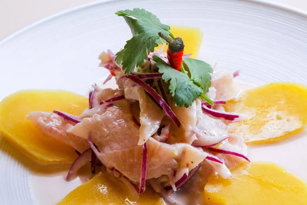 Ceviche Con Abadejo Cebolla Servido Papa — Foto de Stock