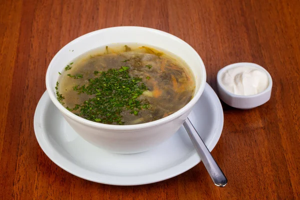 Tasty Sorrel Soup Sour Cream — Stock Photo, Image