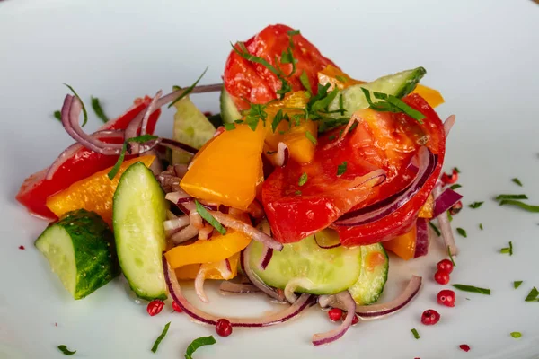 Salada Rústica Saborosa Com Tomate Picado Pepino Cebola Pimenta — Fotografia de Stock