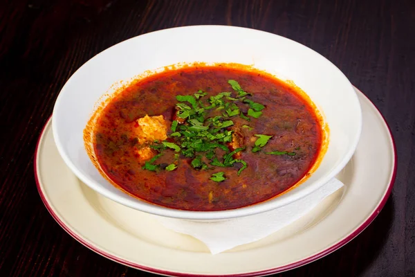 Georgian cuisine Kharcho soup with meat — Stock Image Georgian Cuisine Kharcho Soup Meat Stock Picture
