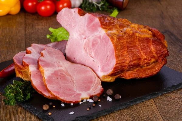 Smoked Pork Meat Wooden Background — Stock Photo, Image