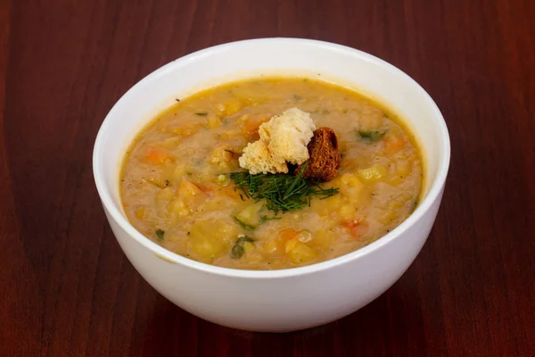 Vegetarian Peas soup with bread — Stock Image Vegetarian Peas Soup Bread Stock Photo