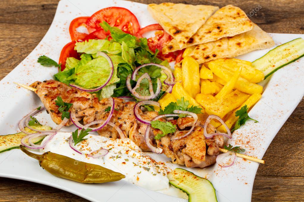 Greek traditional souvlaki with vegetables