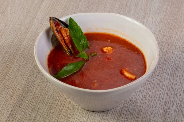 Tomato seafood soup with mussels — Stock Image Tomato Seafood Soup Mussels Stock Photo