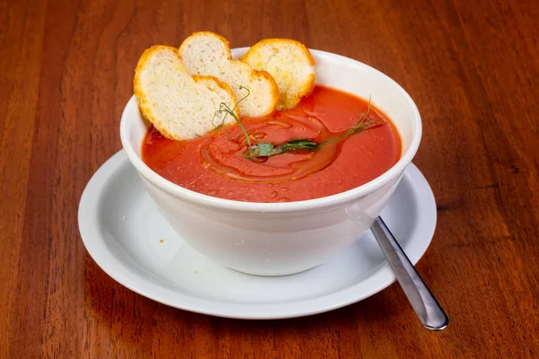 Delicious Gaspacho Soup Bread Basil — Stock Photo, Image