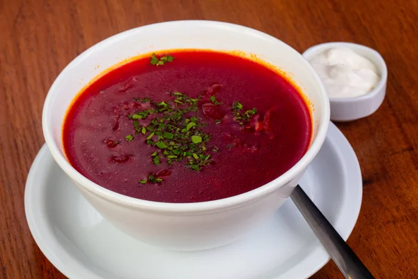 Tasty borsch soup with sour cream — Stock Image Tasty Borsch Soup Sour Cream Stock Picture