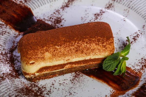 Savoureux Gâteau Tiramisu Servi Feuilles Menthe — Photo