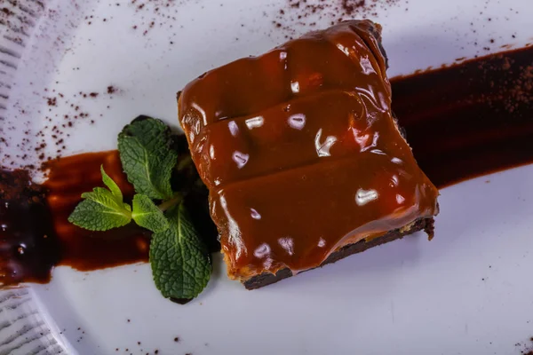 Pastel Caramelo Brownie Servido Caramelo — Foto de Stock