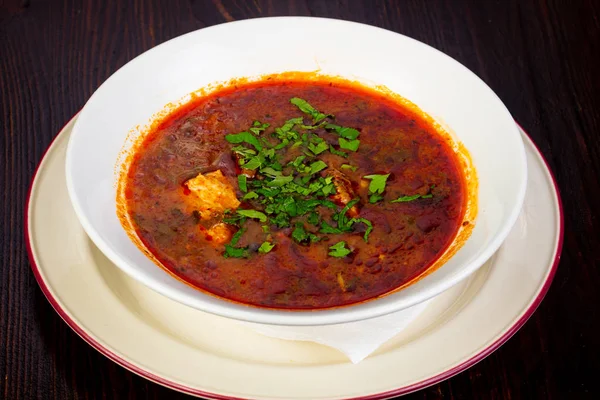 Georgian cuisine Kharcho soup with meat — Stock Image Georgian Cuisine Kharcho Soup Meat Stock Image