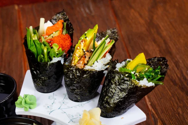 Japanese Temaki set with miso soup and seafood