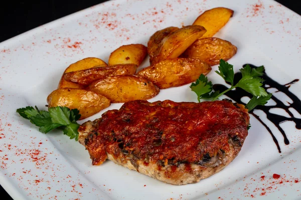 Roasted Pork Tomato Sauce Potato — Stock Photo, Image