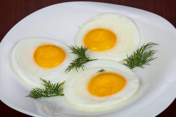 Fried Three Eggs Served Dill — Stock Photo, Image