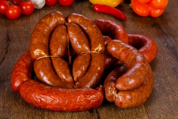 Pork Sausages Wooden Background — Stock Photo, Image