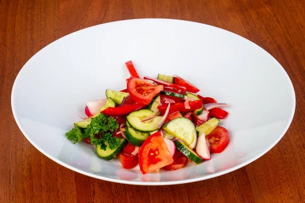 Deliciosa Salada Fresca Com Tomate Pepino Pimenta — Fotografia de Stock