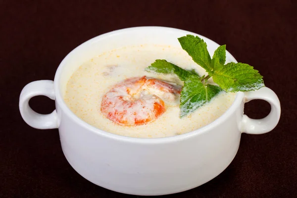 Prawn Cream Soup Served Mint — Stock Photo, Image