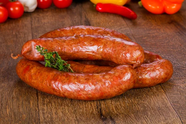 Pork Sausages Wooden Background — Stock Photo, Image