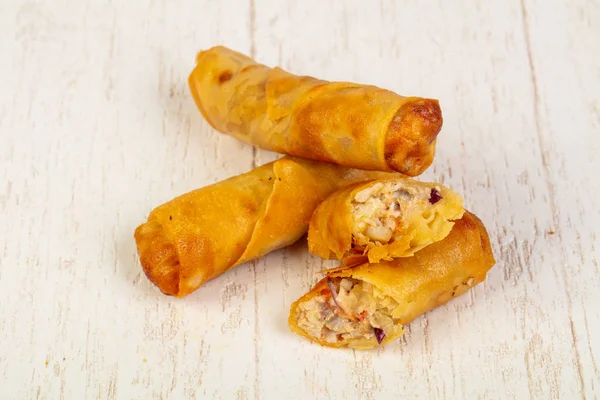 Appetizing deep fried spring rolls with sauce