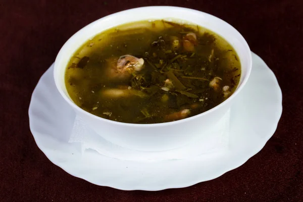 Sorrel soup with meat and herbs — Stock Image Sorrel Soup Meat Herbs Stock Photo