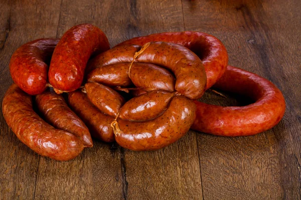 Pork Sausages Wooden Background — Stock Photo, Image