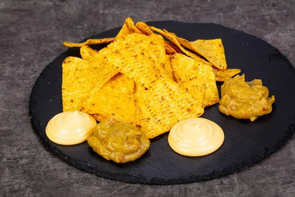 Nachos Chips Maíz Con Salsa — Foto de Stock