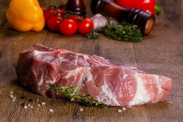 Raw Pork Meat Wooden Background — Stock Photo, Image