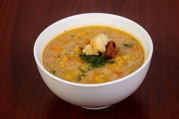 Vegetarian Peas soup with bread — Stock Image Vegetarian Peas Soup Bread Stock Photo
