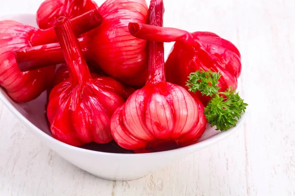 Tasty Pickled Red Garlic Bowl — Stock Photo, Image