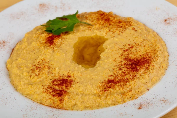 Humus Gurmet Con Paprica Aceite Oliva — Foto de Stock