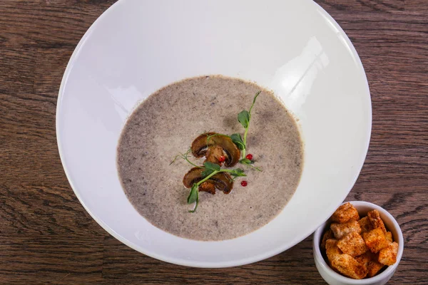 Sopa Crema Champiñones Con Crutones —  Fotos de Stock