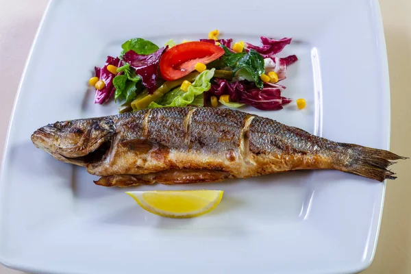 Grilled Seabass Lemon Salad Mix — Stock Photo, Image