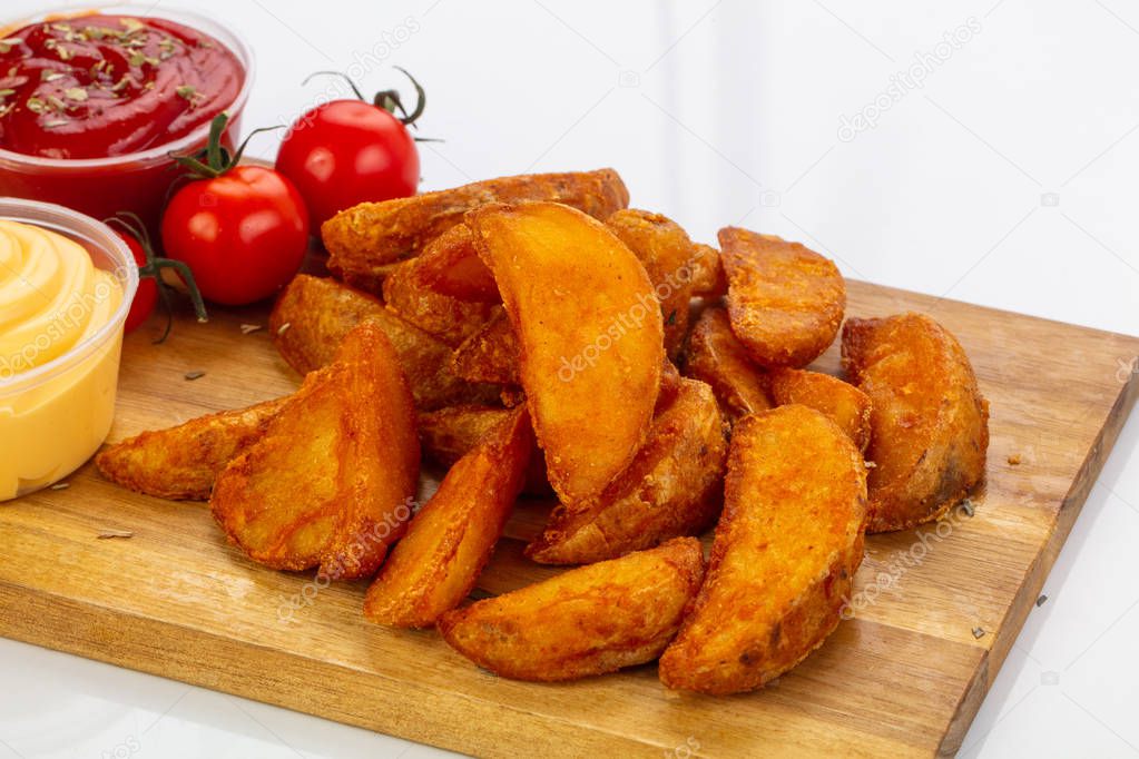 Fried potato with sauce served tomato