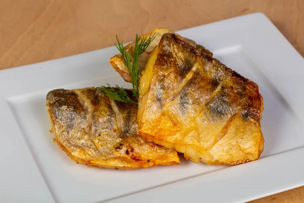 Roasted pike perch in the plate — Stock Image Roasted Pike Perch Plate Royalty Free Stock Photos